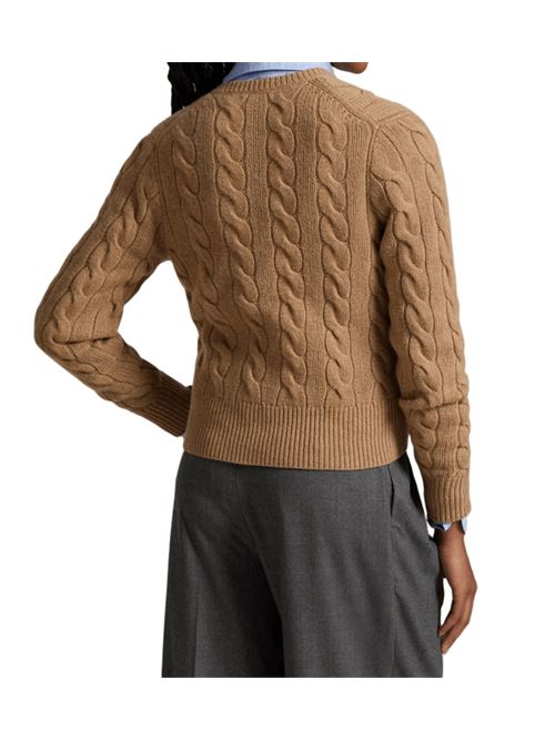 Cardigan da donna in misto lana e cashmere con lavorazione a trecce, girocollo, colore camel POLO RALPH LAUREN | 211972104001
